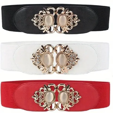 3Pcs/Set Elastic Waist Belt for Women,Vintage Wide Elastic Stretch Waist Belt for Dresses,Adjustable Belt with Golden Floral Accents,Ideal for Skirts,Outfits,Christmas Party Gifts,Hand Tools Kits