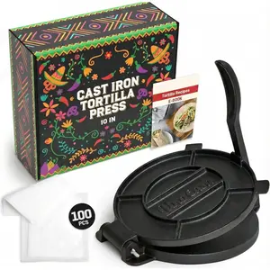 Cast Iron Tortilla Press 10 Inch - Tortilla Maker Press, Pre-Seasoned Roti Maker with 100 count  Paper - Heavy Duty Quesadilla Maker for Homemade Flatbreads, Rotis, Empanadas