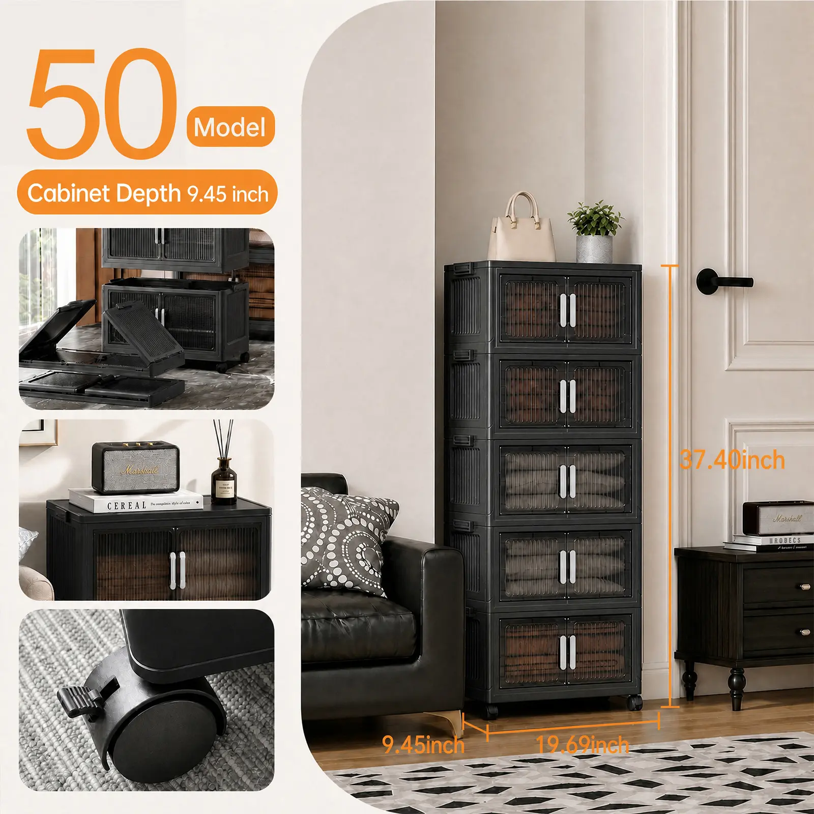 Modern Black Multi-Tier Storage Organizer Cabinet, Foldable Tool-Free Design with Visible Door & Lockable Casters, Large Capacity Stackable Container for Toys Snacks Sundries #ApartmentEssentials