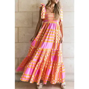 Pink Boho Gingham Tied Straps Smocked Maxi Dress