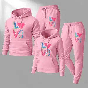 Couple's LOVE Print Hooded Sweatshirt and Drawstring Sweatpants Set, Casual Sportswear, Long-Sleeve Hooded Jacket and Pants, Suitable for Autumn and Winter, Everyday Wear, Tracksuit, Casual Athletic Wear