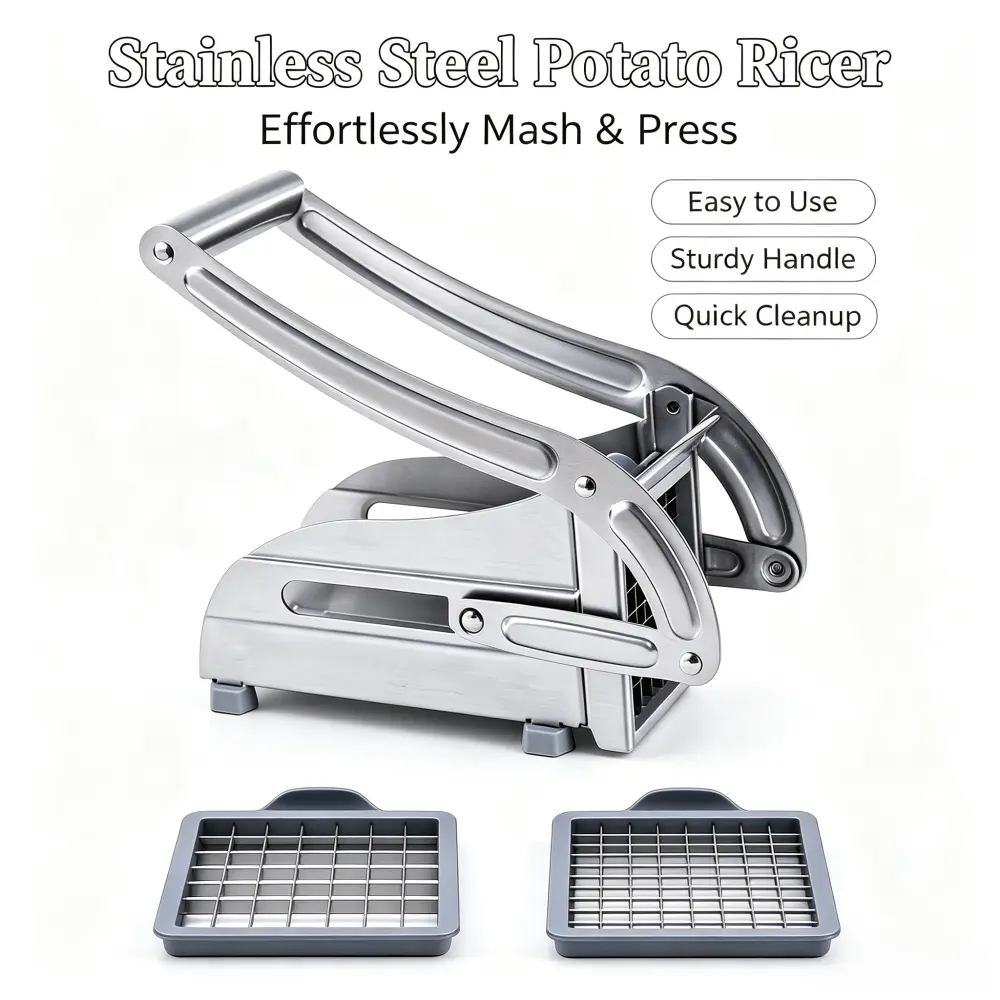 Stainless Steel Manual French Fry Cutter - Meal Prep Kitchen Utensil with 2 Interchangeable Blades, Adjustable Size, Blade Swap, Detachable Parts, Ergo Grip, Non-Slip Stable Slicer for Potato, Carrot, Cucumber