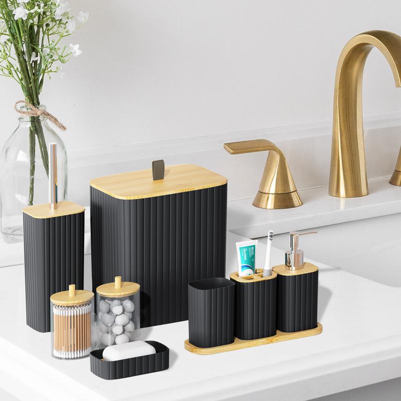Black Ribbed Bathroom Accessory Set (10 Pieces) with Wood Detail, Water-Resistant Modern Bathroom Decor