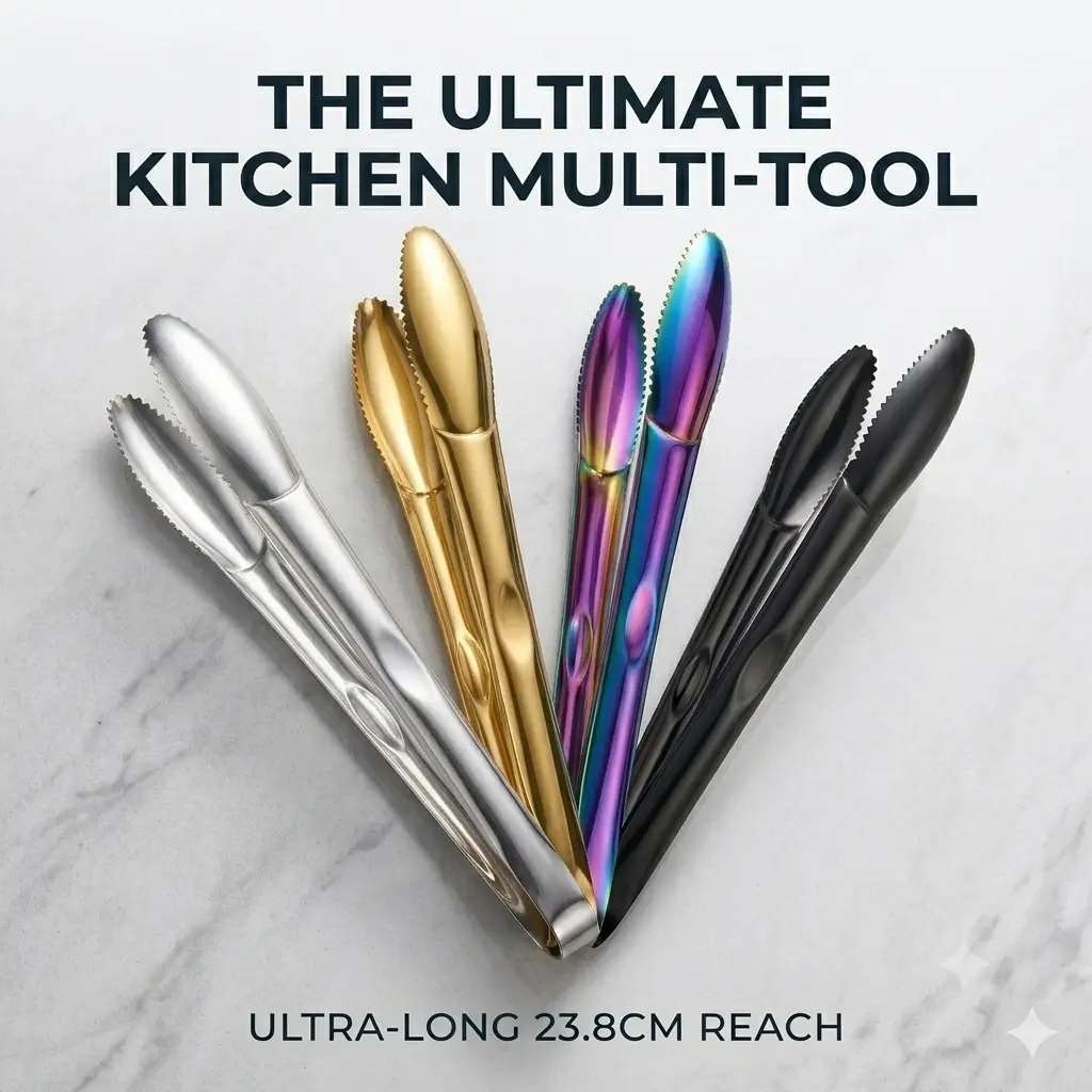 23.8cm Heavy-Duty Stainless Steel Kitchen Tongs - 4-Color Culinary Multi-Tool with Scalloped Head for Grilling Steak, Serving Salad, Ice