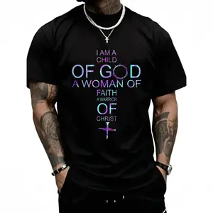 180g 100% Women's Christian Faith T-Shirt - "I Am a of God, A Woman of Faith, A Warrior of Christ" Inspirational Short Sleeve Round Neck Casual Tee with Geometric Print, Machine Washable