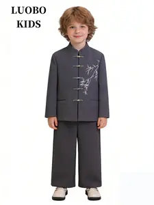 Boys' Traditional Chinese Costume Set, Stand Collar Embroidered Zhongshan Jacket, Ethnic Style Outerwear, National Wind Tang Suit Performance Wear