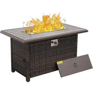 Propane Fire Pit Table,Outdoor Gas Fire Pit Rectangular with Glass Wind Guard for Outside Patio Deck (Brown-Aluminum Top)