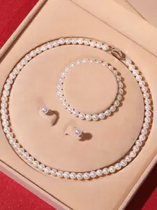 3-Piece Deep Sea Imitation Pearl Jewelry Set, Shell Pearl Necklace Bracelet Earrings, Elegant Gift for Women, Mother's Day Present