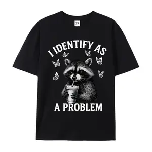 2026 "I Identify As A Problem" Raccoon Funny T-Shirt Classic Crewneck Short Sleeve Tee for Men Casual Cotton Whimsical Design
