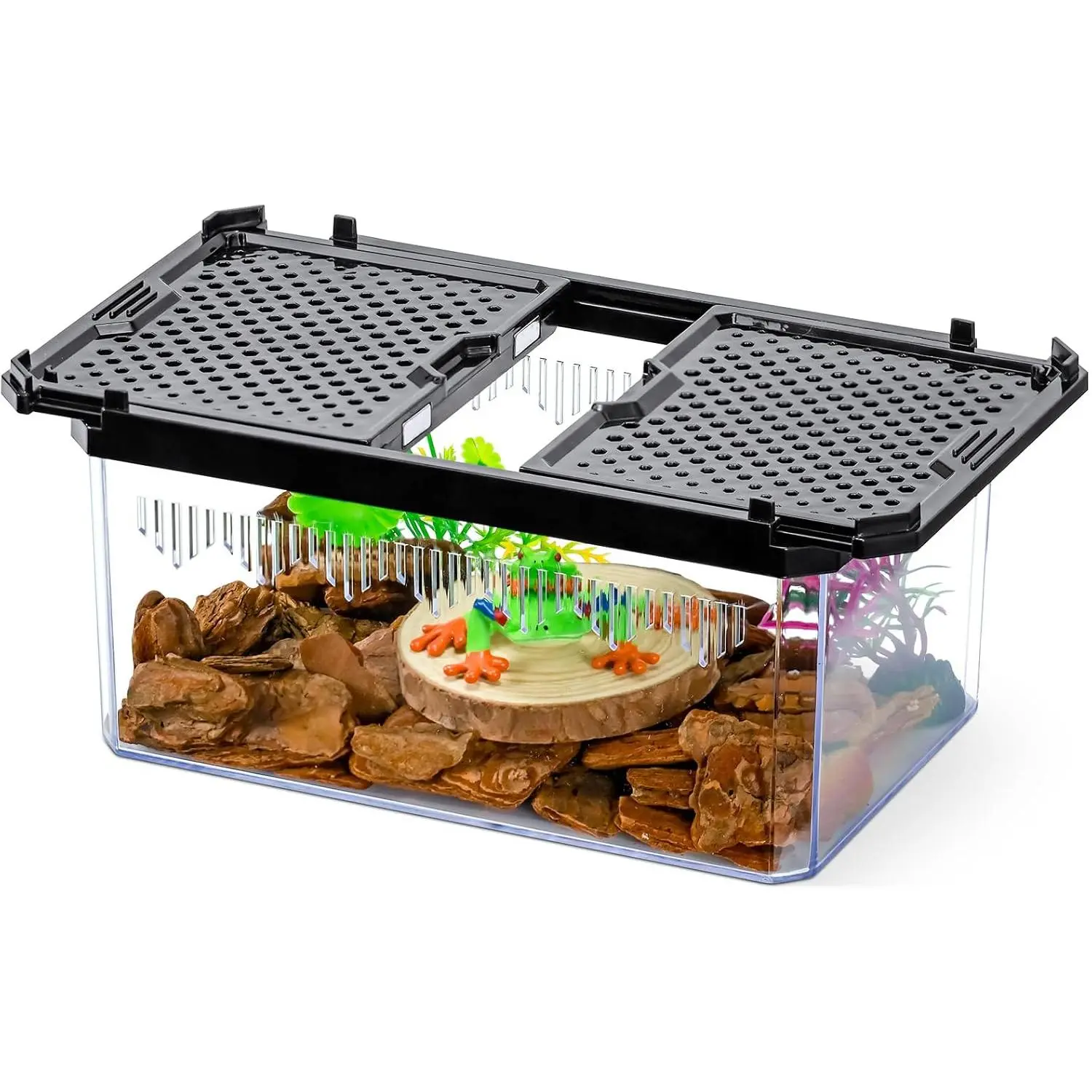 Black Plastic Rectangle Reptile & Insect Terrarium - Single Unit Enclosure with Magnetic Door, High Transparency, Excellent Ventilation, Easy Cleaning, Strong Long-Lasting Build for Insects/Reptiles