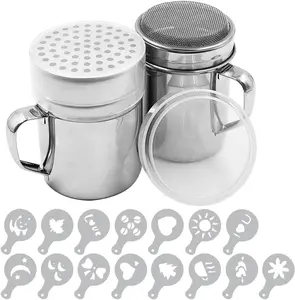 2PCS Powdered Sugar Shaker Duster with Handle,Stainless Steel Powder Shakers for Sugar Pepper Cinnamon Powder Flour with Printing Molds Stencils - Fine & Large Mesh summervibes