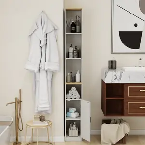 OPUL 72" Tall Slim Storage Cabinet, 6-Tier Narrow Freestanding Bathroom Cabinet with 1 Door and 2 Adjustable Shelves, Bookcase Display Storage Shelves, Cube CD DVD Storage Cabinet for Small Spaces, Living Room - Antique White