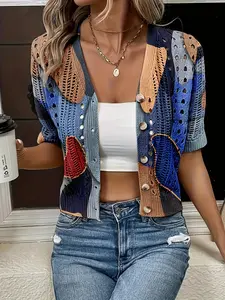 Vintage Geometric Patchwork Print Hollow Out Short Sleeve Knitting Cardigan, Spring Summer Fall Women's Knitwear Jacket, Casual Fashion Outerwear Breathable