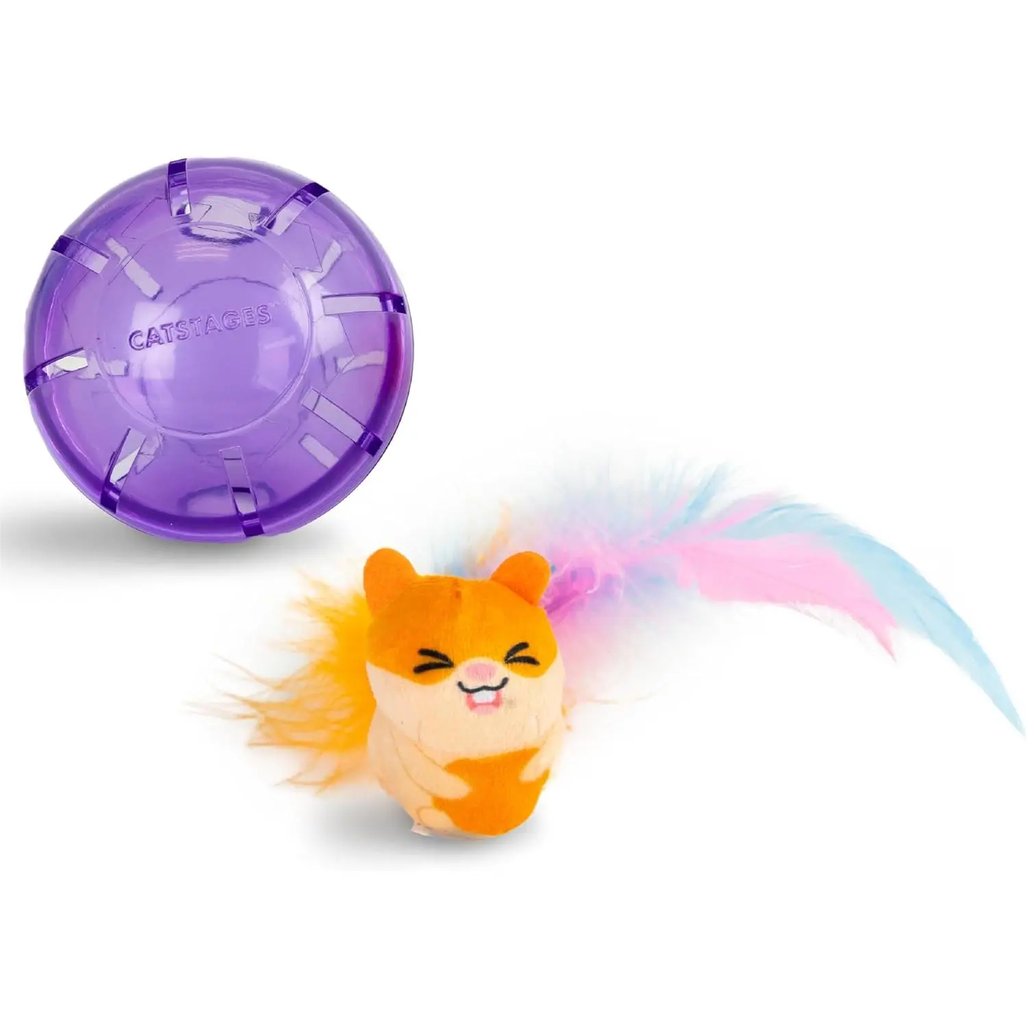 Purple Cat Ball Chaser Toy, Interactive Treat-Dispensing Puzzle Ball with Removable Squeaking Plush Hamster, Maze Feeder Balls