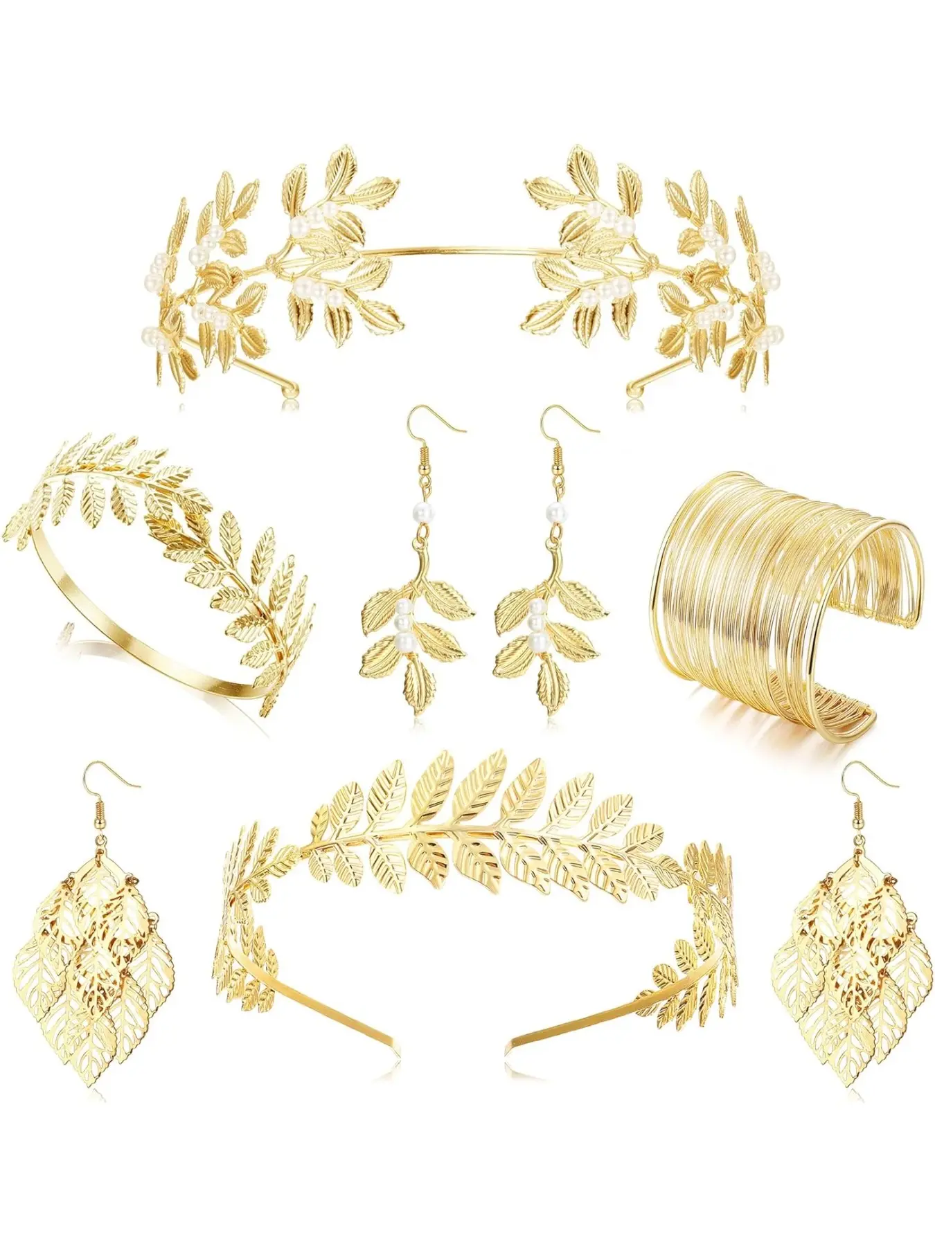 6 Pcs Greek Goddess Costume Accessories Set for Women Golden Laurel Leaf Crown Headband Upper Arm Cuff Coil Bracelet Pearl Leaf Dangle Earring Bridal Wedding Headpiece Toga Costume Jewelry Earrings Set