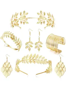 6 Pcs Greek Goddess Costume Accessories Set for Women Golden Laurel Leaf Crown Headband Upper Arm Cuff Coil Bracelet Pearl Leaf Dangle Earring Bridal Wedding Headpiece Toga Costume Jewelry