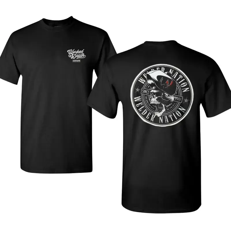 Welder Nation Shirt with Skull Welding Helmet Badge Graphic, Worked to Death Front Print, 2 Sides Vintage Tee, Soft Cotton Blend Workwear for Rig Hands, Pipefitters and Proud American Welders