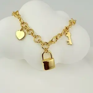 Pendants Bracelet with Charms - Gold Color Heart Lock and Key Design Charm Bracelet