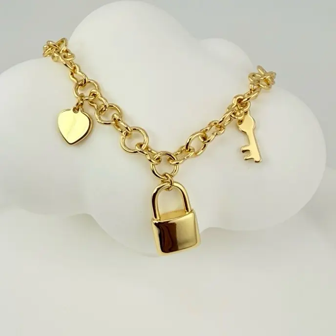 Pendants Bracelet with Charms - Gold Color Heart Lock and Key Design Charm Bracelet