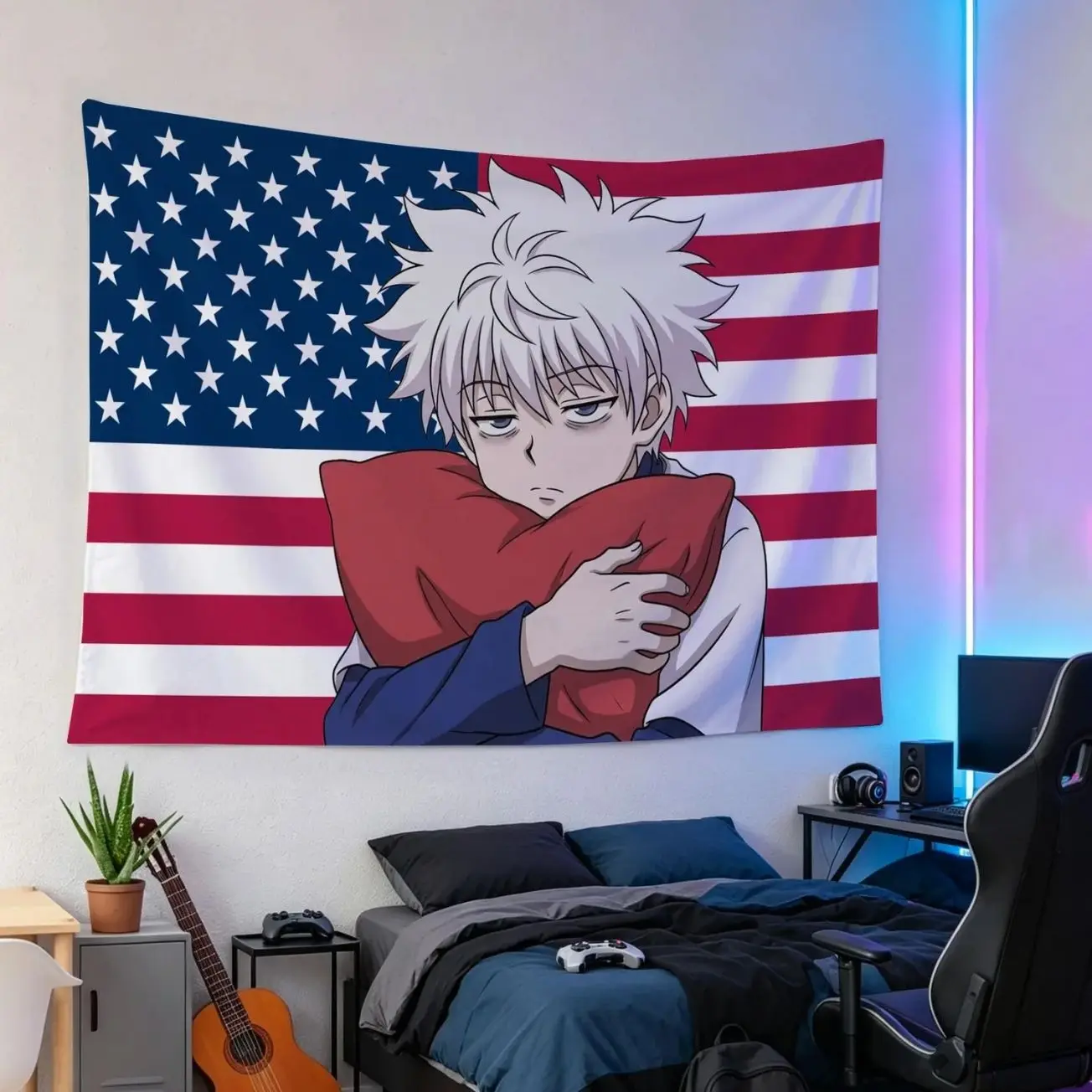 Killua Zoldyck American Flag Tapestry, Hunter x Hunter Anime Wall Hanging, Dorm Decor