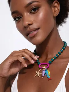 1pc Summer Beach Style Multi-Layer Beaded Necklace With Colorful Fish & Starfish Pendants, Bohemian Jewelry Suitable For Vacation And Beach Parties, Statement Necklace, Trendy Jewelry