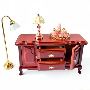 1:12 Dollhouse Scene Storage Decor Miniature Sideboard Mahogany Vintage Solid Wood Cabinet Christmas Easter New Year Gift