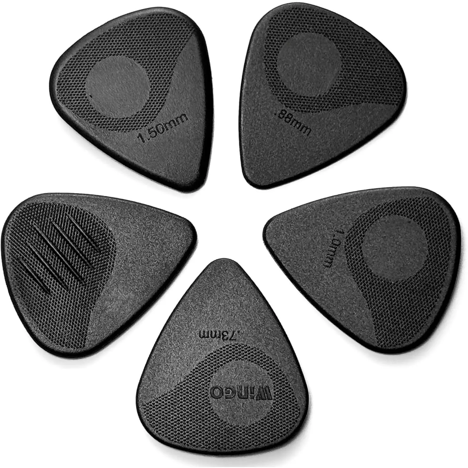 Guitar Picks with Grip Stamped, Non Slip Textured Picks 5 Pack (073, 088, 1.0, 1.25, 1.5mm) for Acoustic Electric Guitars Bass- Black Color.