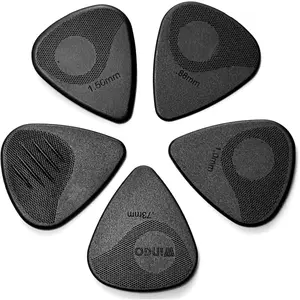 Guitar Picks with Grip Stamped, Non Slip Textured Picks 5 Pack (073, 088, 1.0, 1.25, 1.5mm) for Acoustic Electric Guitars Bass- Black Color.