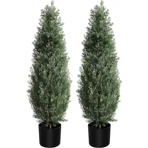 Set of 2-3FT Artificial Cedar Topiary Trees for Outdoors - Potted Fake Cypress Trees for Home Porch Decor - Faux Evergreen Plants