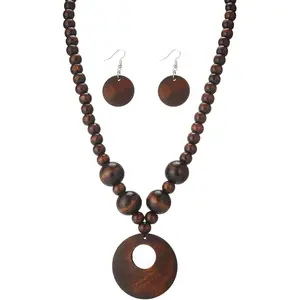 Boho Wooden Beaded Necklace and Earring Set for Women, Bohemian Chunky Statement Costume Jewelry, Round Drop Pendant Retro Ethnic Accessories Ladies Gift