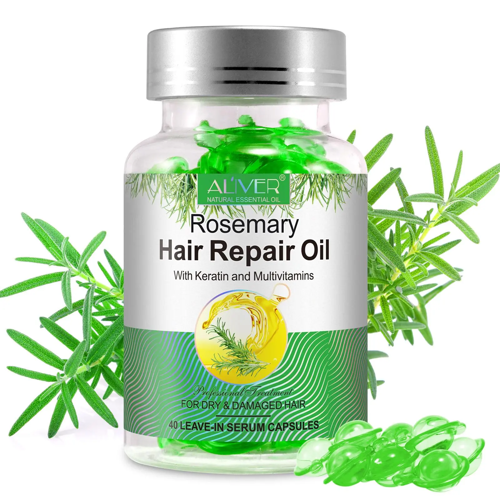 ALIVER Rosemary Hair Repair Oil Capsules, Moisturizing Leave-In Serum with Keratin & Multivitamins for Dry, Damaged Hair - 40 Pack, Moisturizer, Haircare Routine, Hydrating campingessentials, Storage, Moisturizing Hair Oil