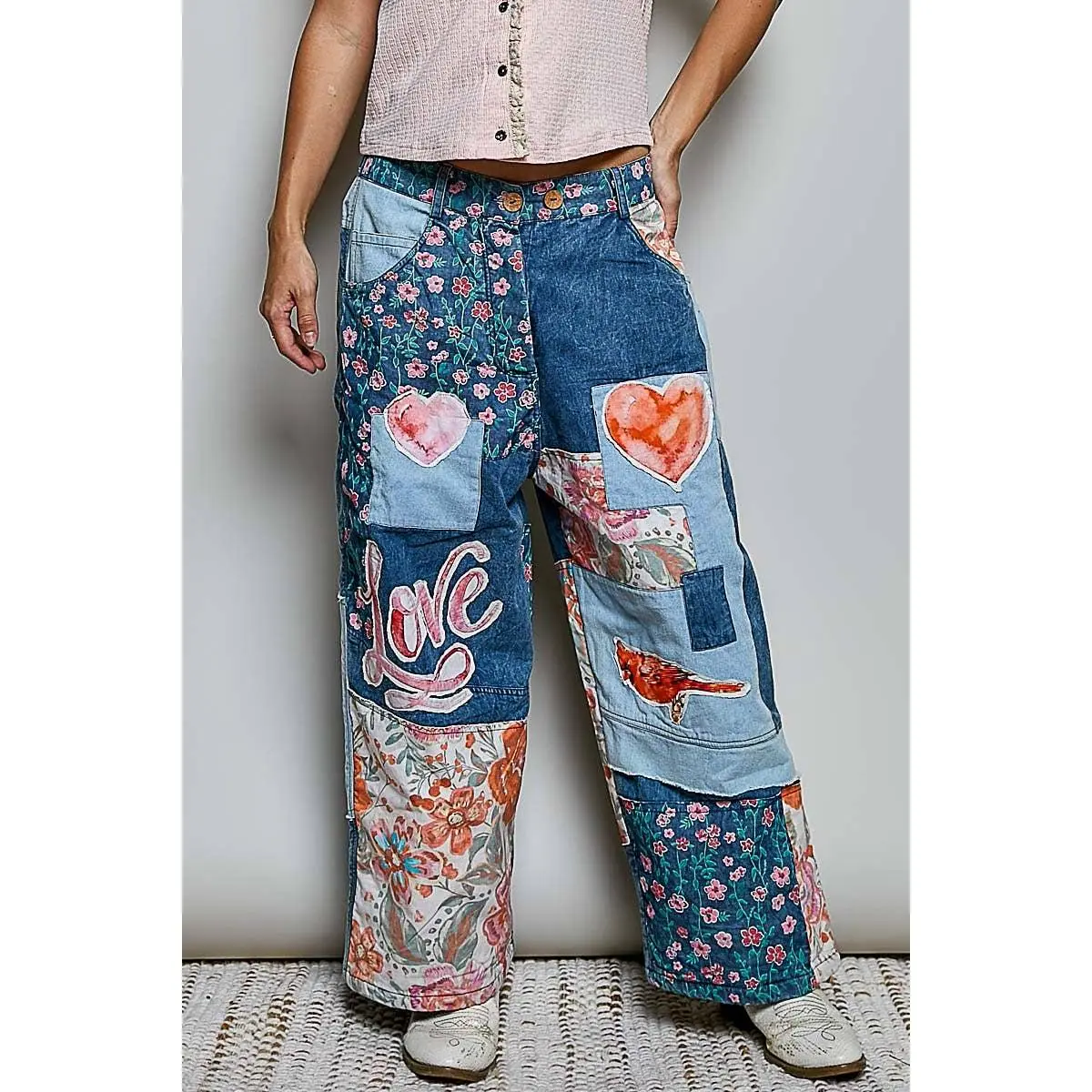 The Picasso Mixed-Print Patchwork Vintage Wide-Leg Contrast Denim Pants