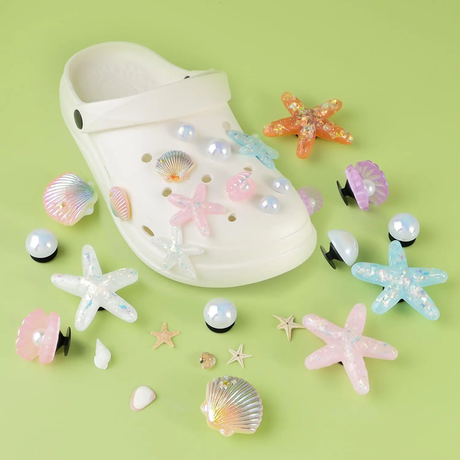h-7 Summer Beach Theme Set: This shoe charm set features starfish, seashells and pearl accents, capturing a fresh beach vibe to personalize your Bling Shoe Charms for Women, Shoe Charms for Sneakers, Sandal Sneaker Shoe Sharms, Shoe Decoration Charms h-7 Summer Beach Theme Set: This shoe charm set features starfish, seashells and pearl accents, capturing a fresh beach vibe to personalize your Bling Shoe Charms for Women, Shoe Charms for Sneakers, Sandal Sneaker Shoe Sharms, Shoe Decoration Charms