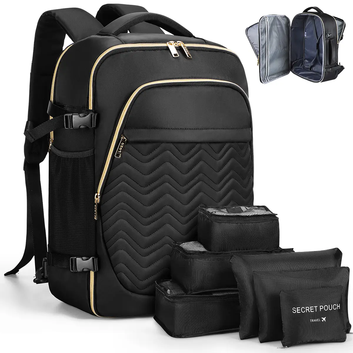 LEKESKY Colorblock Travel Backpack, Flight Approved Carry-On for Camping & Hiking, Personal Item with 6 Packing Cubes and Adjustable Straps, Flight Approved Backpack, Polyester, Durable Outdoor Rucksack, Casual, Wavy, Water‑Repellent