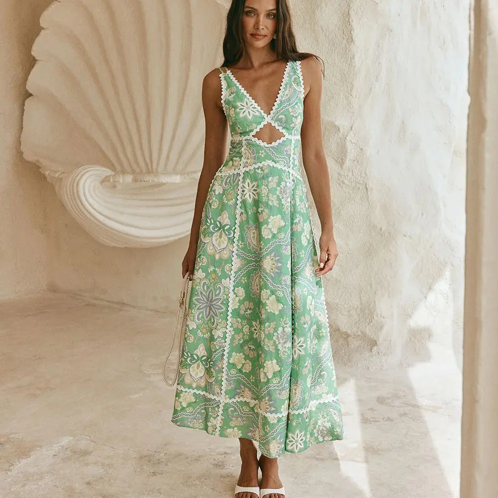 Women's Sage Green Scalloped Rick-Rack Trim Maxi Dress - Floral Patchwork Cutout V-Neck Resort Dress - Boho Chic Summer Vacation Dress Casual Adjustable