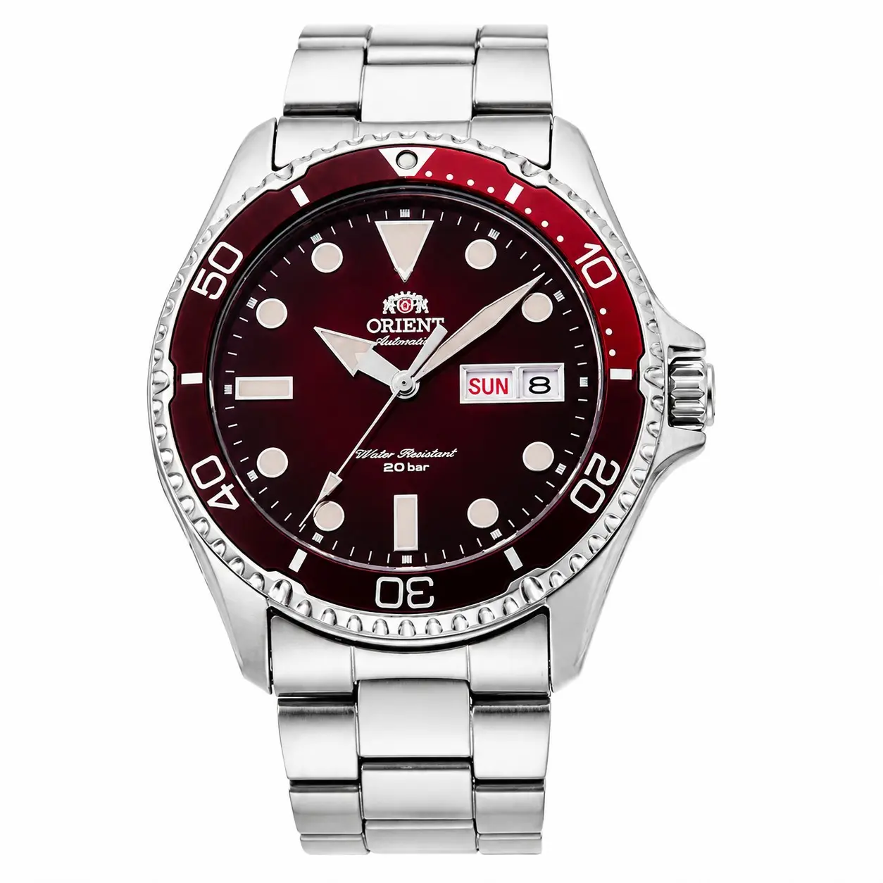 Orient Men's Automatic 200m Sport Dive Mechanical Watch - Pepsi/Red 2-Tone Unidirectional Rotating Bezel, Luminous Markers, Day/Date Cal., Stainless Steel Bracelet, Luxury Casual Daily Male Wear Wristwatch, Ideal Holiday Gift For Gentlemen, Round