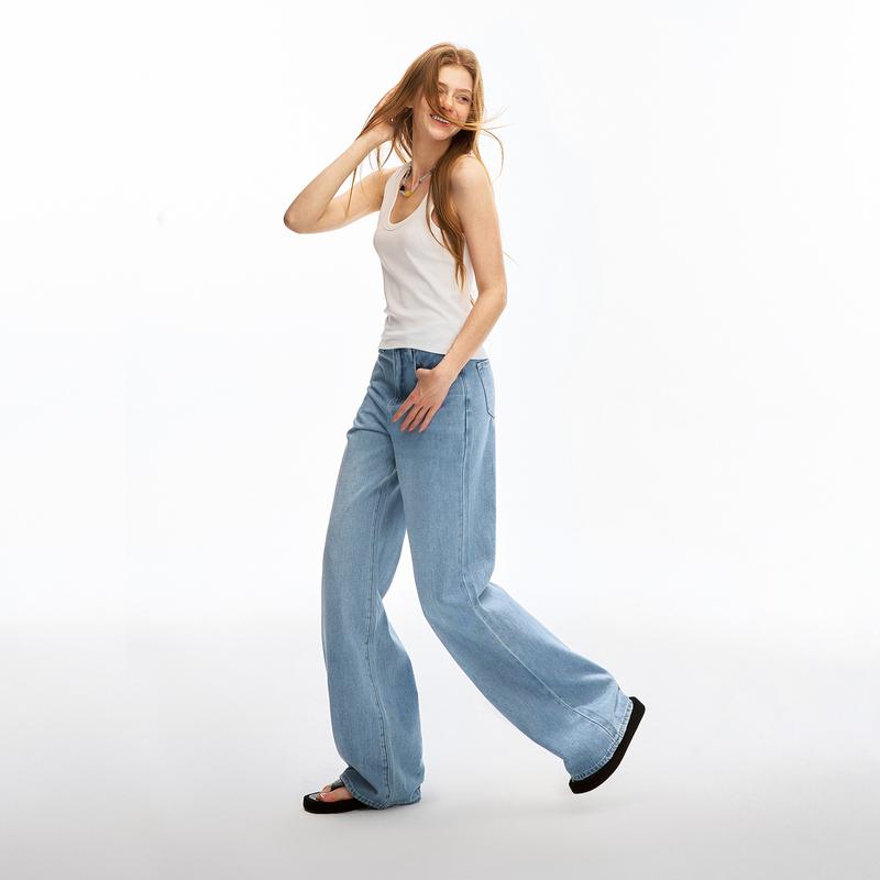Nextrys AdaptHer Women's High-Rise Wide Straight Leg Baggy Jeans with Snap-Button Waistband Y2K Lightweight Tummy Control Casual Everyday Style Denim Basic Minimalist Maxi