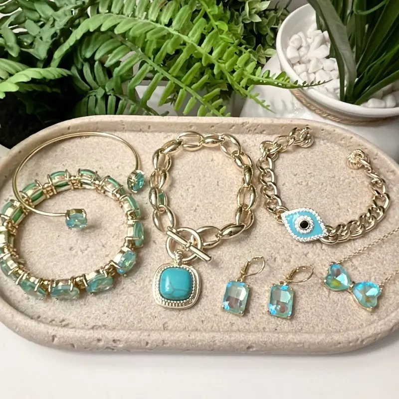 Hello March Aquamarine Tones Female Fashion Jewelry Set - Gold-Plated Metal Accents, Evil Eye Charm, Matched Necklace, Chain Bracelet, Gemstone Earrings, for Casual Wear, All Seasons; Note: Choking Hazard Small Parts