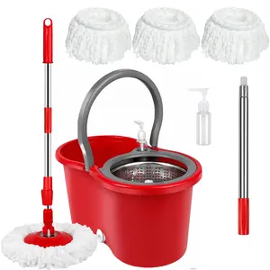 Spin Mop and Bucket with Wringer Set, Mop and Bucket Set for Floor Cleaning with 3 Microfiber Mop Replacement Heads, 61 inches Telescoping Mop for Office and Home use (Red)