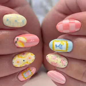 24pcs Vintage Oil Painting Nails, Short Oval Press-On Nail Tips, Summer Lemon Design, French Picnic Style, Perfect for Parties