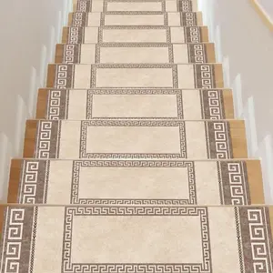 15pcs Non-Slip Stair Treads Compatible for Wood/Hard Floors - Beige/Brown Geometric Carpet Pads, Machine Washable Indoor/Outdoor Step Covers with, Staircase Decor