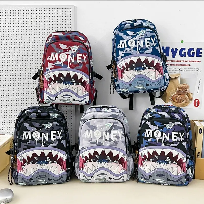 Lightweight Student Backpack with Colorful Shark Print Camouflage Large Capacity Trendy Cartoon Fashion Casual Shoulder Bag for School Girls