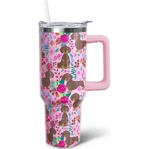 40oz Cute Dachshund Tumbler with Handle - Insulated Stainless Steel Travel Mug | Gift for Women, Girls & Wiener Dog Lovers