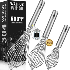 304 Stainless Steel Whisk No-Rust 7+9+11inch Whisks for Cooking Blending Whisking Beating Heat Resistant 600°F Dishwasher Safe Heavy Duty Kitchen Whisk Silver