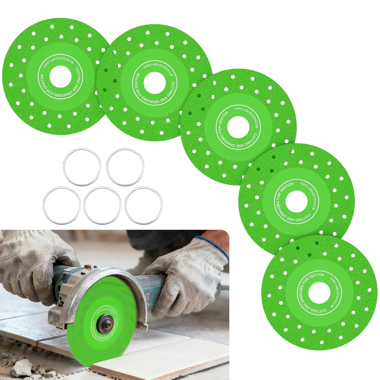 5PCS Diamond Brazed Glass Cutting Discs for Angle Grinders (Angle Grinders Attachments), 4.5In (115*22.23Millimeters) Ultra-Thin Wheels with Aperture Conversion Washer, Brazing Technology Tool for Chamfering Marble Granite Porcelain Tile (12,000 RPM), 4.5