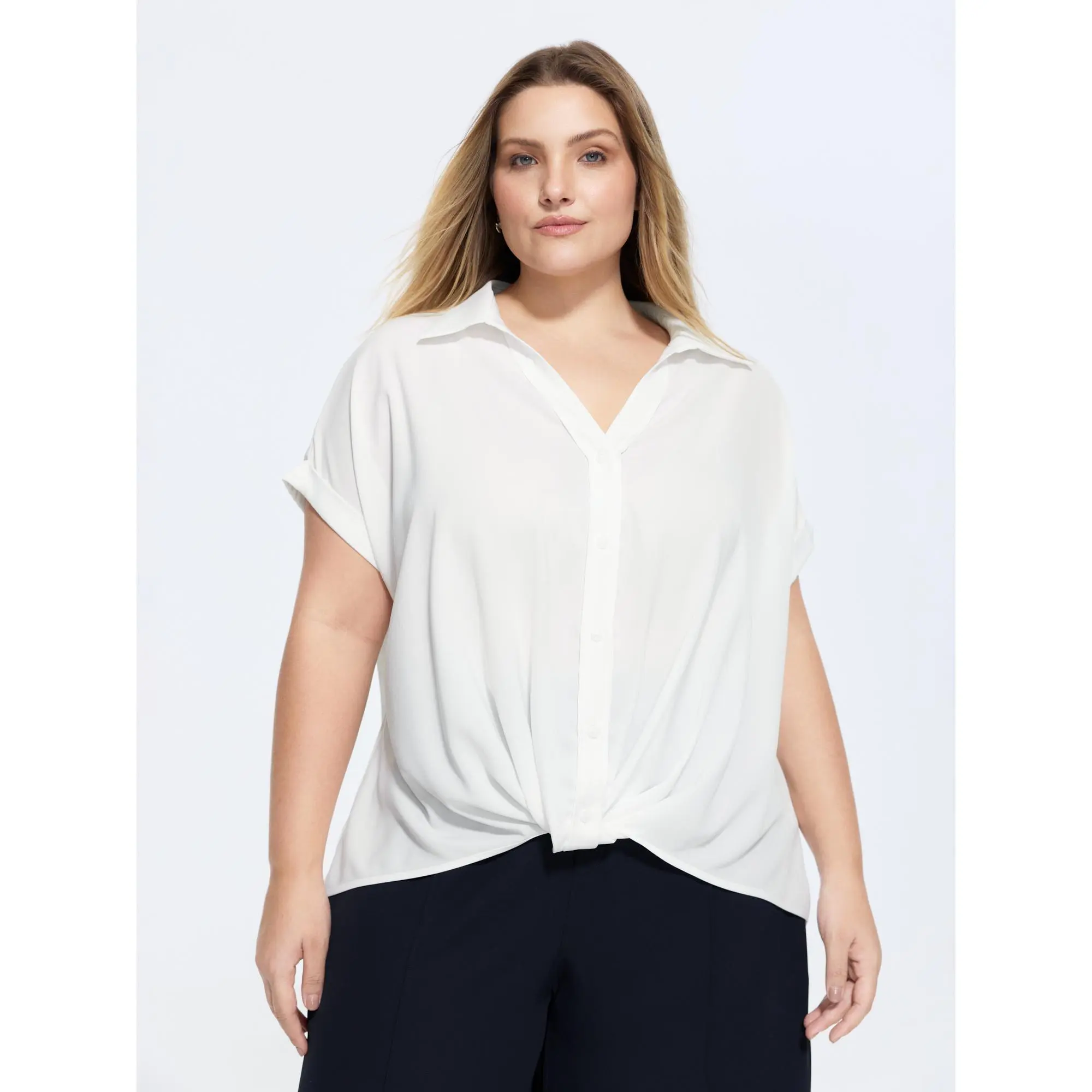 BloomChic Women's Plus Size Optic White Plain Casual Solid Blouse - Smooth Polyester Smooth Garment, Short Dolman Sleeves, Knotted Hem, Regular Length, No-Pocket, Minimalist Machine Washable Basic Top,Back To School,Fall Pick, Spotlight Day
