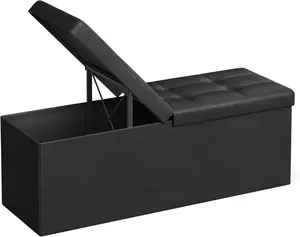 SONGMICS 43 Inches Folding Storage Ottoman Bench with Flipping Lid, Storage Chest Footrest Padded Seat with Iron Frame Support, Black ULSF75BK