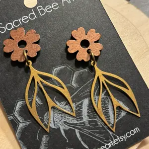 Sacred Bee Art Wood and Petal Earrings with Leaf Design and Brown Flower Detail
