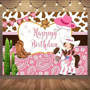 Western Cowboy My First Rodeo 1st Birthday Photography Backdrop Pink & White Fabric Party Banner with Cowboy Hat Cowhide and Decorations for Youngsters Birthday Wedding Graduation Ornaments
