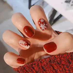 Charming Red Press-On Nails, 24 Pieces, Snowflake Contrast Color, Christmas Reindeer Style, Short Length, ICE Nail Studio